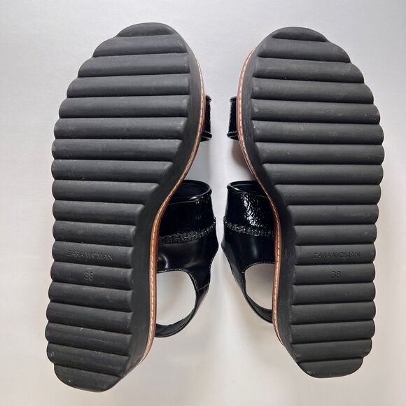 ZARA Platform Slingback Black Patent Faux Leather Sandals Size 7.5 Adjustable - Picture 14 of 16